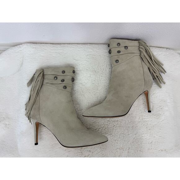 Paige Suede Fringe Studded Ankle Boots Size 8 Beige Western Boho - Picture 2 of 9